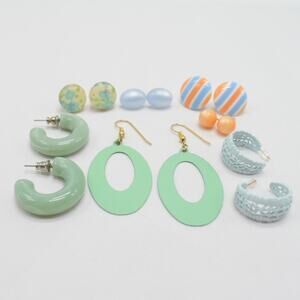 Vintage lot green/blue pastel pierced earrings stud hoop dangle retro 7 pairs